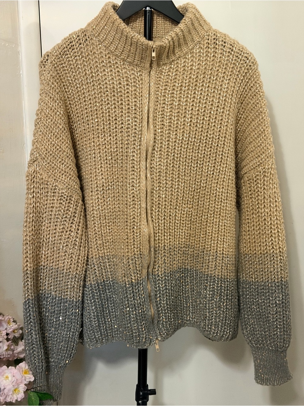 Zip-Front Ombre Chunky Knit Sweater - Beige to Gray